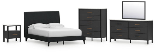 Cadmori Upholstered Bed With Mirrored Dresser, Chest And Nightstand