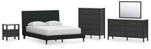 Cadmori Upholstered Bed With Mirrored Dresser, Chest And Nightstand