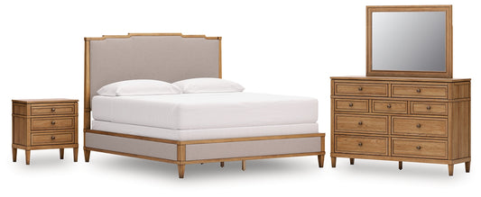 Sharlance Upholstered Panel Bed With Mirrored Dresser And Nightstand