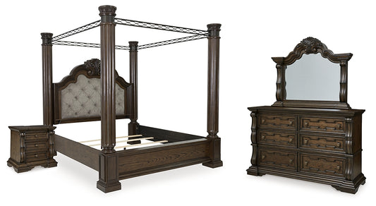 Maylee Canopy Bed With Mirrored Dresser And Nightstand