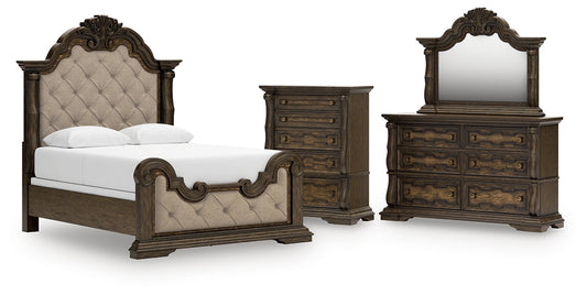 Maylee Upholstered Bed With Mirrored Dresser And Chest