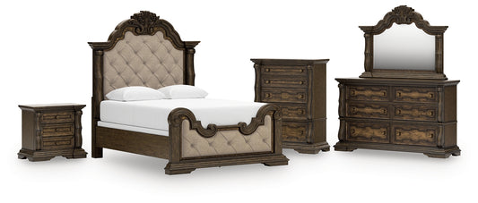 Maylee Upholstered Bed, Dresser, Mirror, Chest And Nightstand