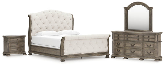Ardenfield California Upholstered Sleigh Bed With Mirrored Dresser And Nightstand