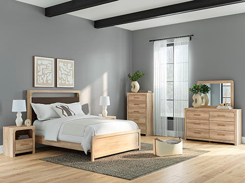 Kinlanni Upholstered Panel Bed, Dresser And Mirror