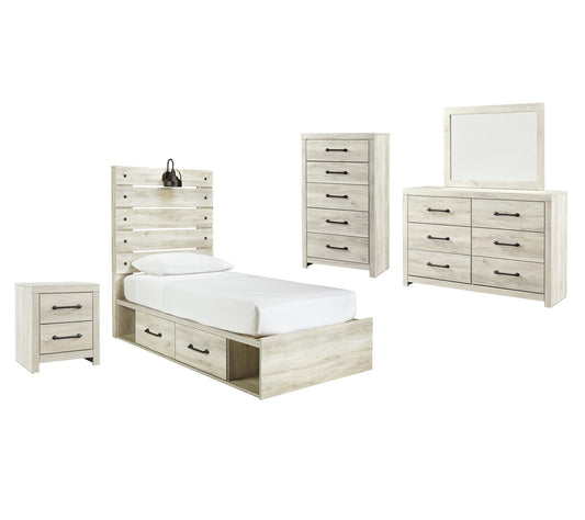 Cama Cambeck con 4 cajones, cómoda con espejo, cómoda y mesita de noche
