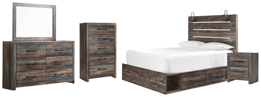 Cama Drystan con 4 cajones, cómoda con espejo, cómoda y mesita de noche