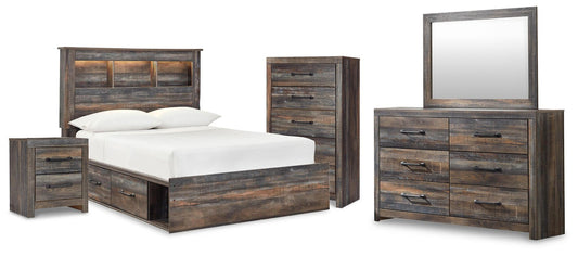 Cama-librería Drystan con dos cajones, cómoda con espejo, cómoda y mesita de noche