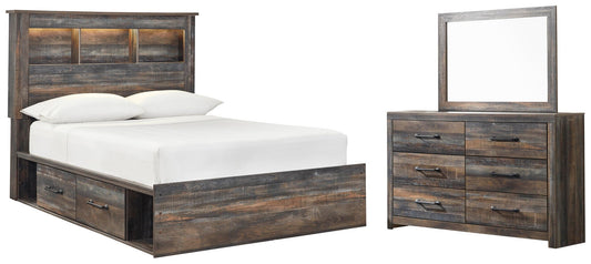 Cama con estantería Drystan con dos cajones y cómoda con espejo