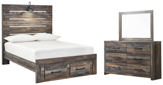 Cama Drystan con dos cajones y cómoda con espejo