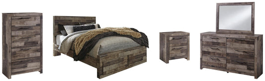 Cama Derekson con dos cajones, cómoda con espejo y mesita de noche