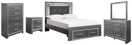 Cama Lodanna con dos cajones, cómoda con espejo y mesita de noche