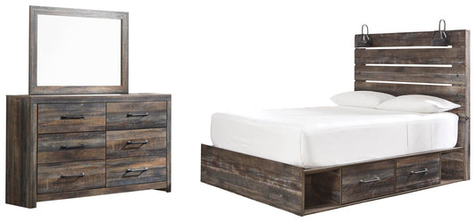 Cama Drystan con dos cajones y cómoda con espejo