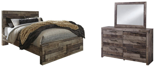 Cama con paneles Derekson con dos cajones y cómoda con espejo