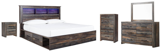 Cama-librería Drystan con dos cajones, cómoda con espejo, cómoda y mesita de noche