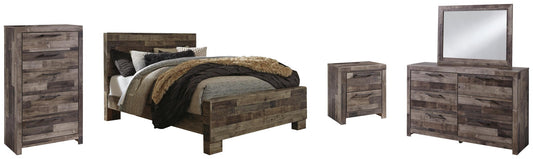 Cama Derekson con paneles, cómoda con espejo y mesita de noche