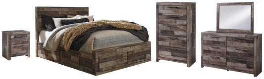 Cama Derekson con 6 cajones, cómoda con espejo, cómoda y mesita de noche