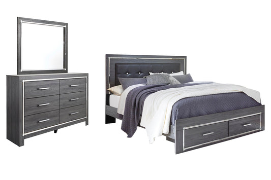Cama Lodanna con dos cajones y cómoda con espejo