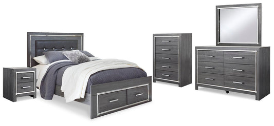 Cama Lodanna con dos cajones, cómoda con espejo y mesita de noche