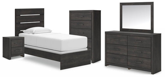Delmorta Twin Panel Bed, Dresser, Mirror, Chest and Nightstand