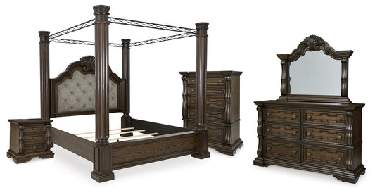 Maylee California Canopy Bed, Dresser, Mirror, Chest And Nightstand