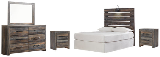 Drystan  Panel Headboard With Mirrored Dresser And 2 Nightstands
