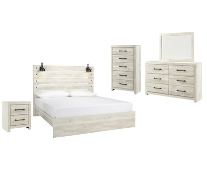 Cama Cambeck con paneles, cómoda con espejo y mesita de noche