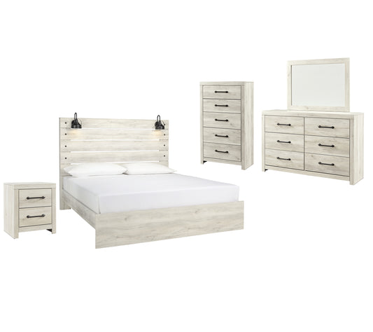 Cama Cambeck con paneles, cómoda con espejo y mesita de noche