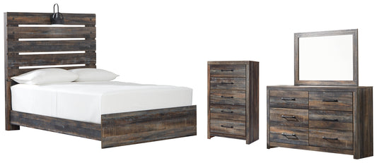 Cama con paneles Drystan, cómoda con espejo y arcón