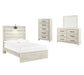 Cama con paneles Cambeck, cómoda con espejo y arcón