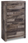 Cama Derekson con dos cajones, cómoda con espejo, cómoda y dos mesitas de noche.