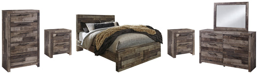 Cama Derekson con dos cajones, cómoda con espejo, cómoda y dos mesitas de noche.