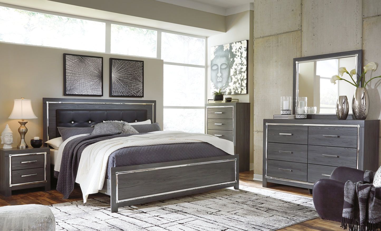 Cama Lodanna con paneles, cómoda y cómoda con espejo