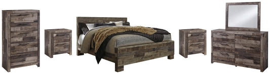 Cama Derekson con paneles, cómoda con espejo y dos mesitas de noche