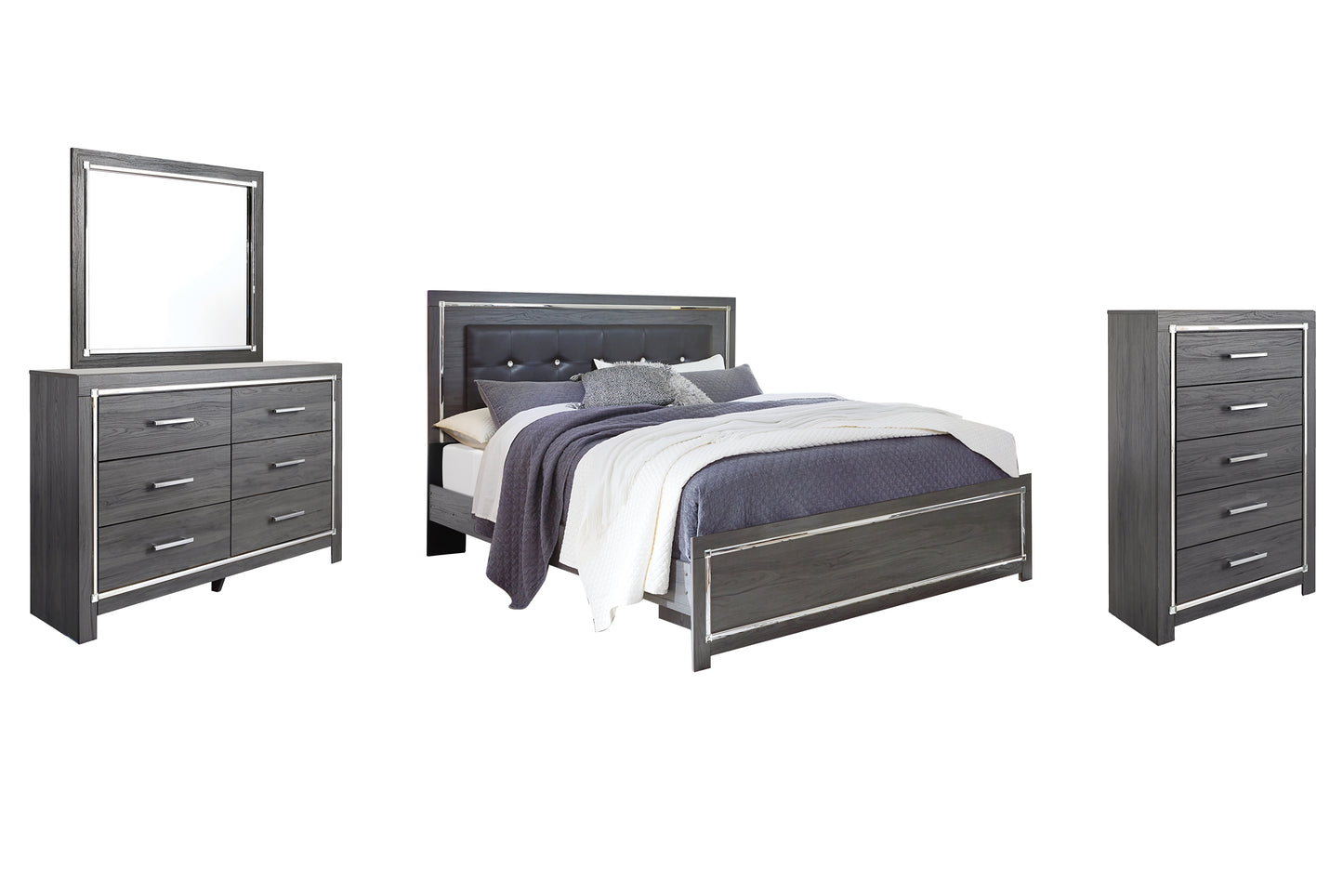 Cama Lodanna con paneles, cómoda y cómoda con espejo