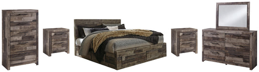 Cama Derekson con 4 cajones, cómoda con espejo, cómoda y 2 mesitas de noche.