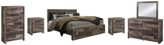 Cama Derekson con dos cajones, cómoda con espejo, cómoda y dos mesitas de noche.