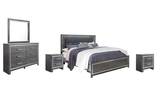 Cama Lodanna con paneles, cómoda con espejo y dos mesitas de noche