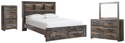 Cama con estantería Drystan con dos cajones de almacenamiento, cómoda con espejo y cómoda