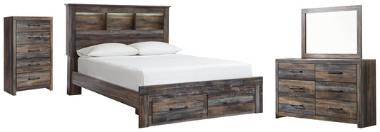 Cama con estantería Drystan con dos cajones de almacenamiento, cómoda con espejo y cómoda