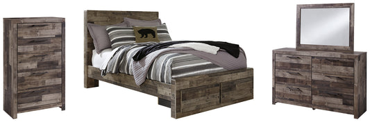 Derekson  Panel Bed With 2 Storage Drawers With Mirrored Dresser And Chest