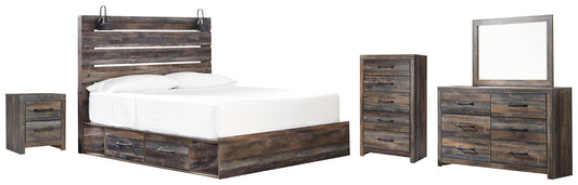 Cama Drystan con 4 cajones, cómoda con espejo, cómoda y mesita de noche