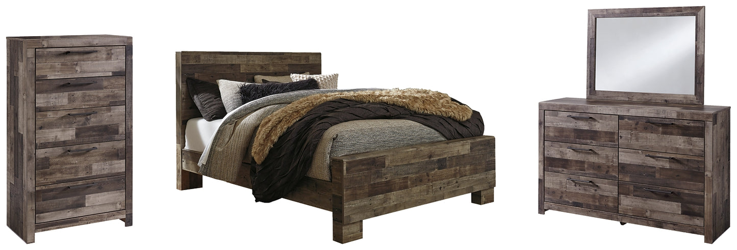 Cama con paneles Derekson, cómoda y espejo