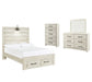 Cama con paneles Cambeck y dos cajones de almacenamiento con cómoda y espejo
