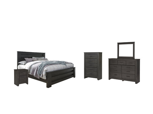 Cama con paneles Brinxton, cómoda con espejo y mesita de noche