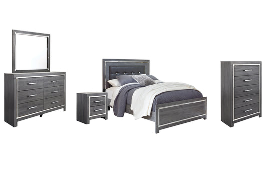 Cama Lodanna con paneles, cómoda con espejo y mesita de noche
