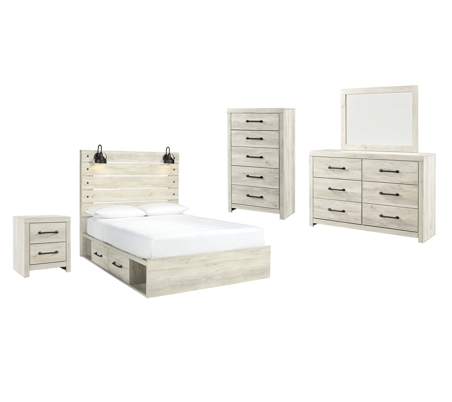 Cama Cambeck con 4 cajones, cómoda con espejo, cómoda y mesita de noche