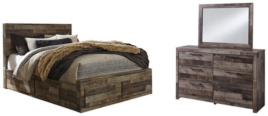Cama con paneles Derekson con 4 cajones y cómoda con espejo
