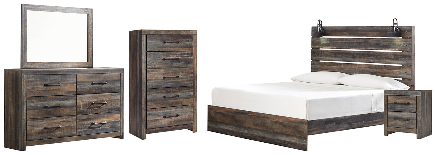 Cama Drystan con paneles, cómoda con espejo y mesita de noche