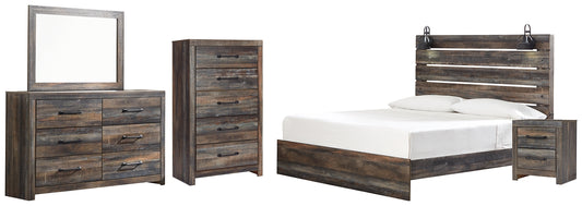 Cama Drystan con paneles, cómoda con espejo y mesita de noche