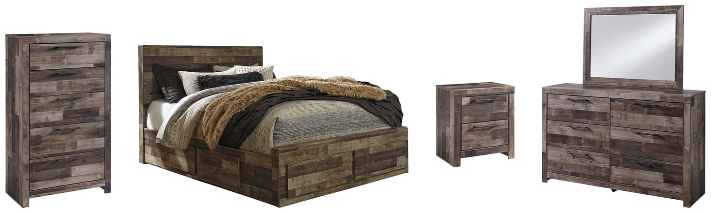 Cama Derekson con 4 cajones, cómoda con espejo, cómoda y mesita de noche